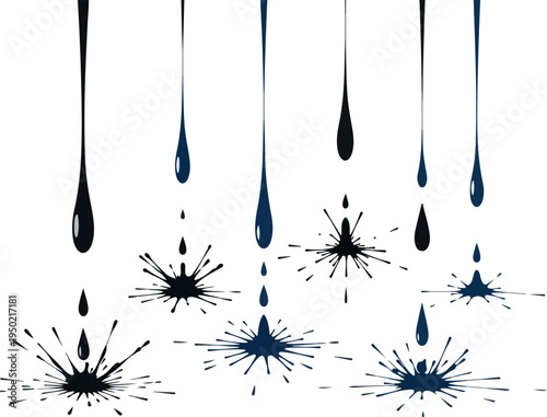 Abstract illustration of dark liquid drops splashing and creating splatters on a white background, representing fluid dynamics and motion