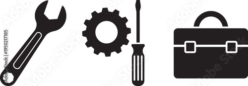 Black silhouette icons of wrench, gear, screwdriver, and briefcase representing tools and work