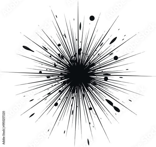 Explosive abstract black ink splatter pattern illustration with dynamic lines and droplets symbolizing a burst of energy or creativity, perfect for graphic design projects and artistic backgrounds