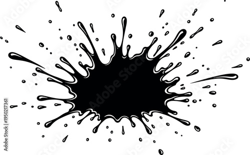 Black Ink Splatter Abstract Splash Graphic Design Element with Dripping Effect and Spray Droplets