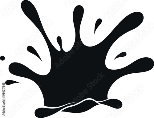 Abstract black ink splash illustration with liquid droplets and dynamic motion captured in a simplified graphic design