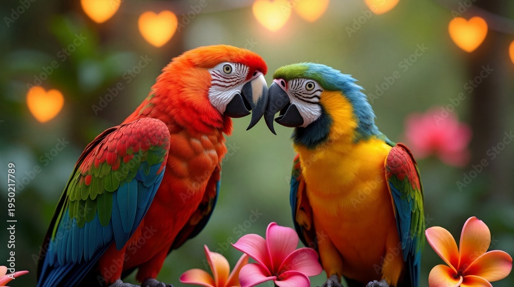 Obraz premium Two vibrant macaws in an affectionate pose with heart shaped bokeh lights and tropical flowers