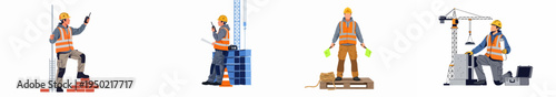 Set of vector illustrations featuring construction workers in high-visibility gear, using walkie-talkies, holding blueprints, and signaling with flags on a white background.