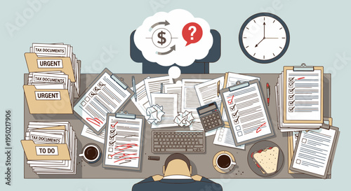 Flat illustration stressed accountant workspace concept with papers and multiple checklists