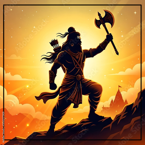 parshuram jayanti | parshuram janmotsav | bhagwan parshuram janmotsav | parshuram janmotsav – Powerful Lord Parshuram standing on mountain with glowing divine aura, dramatic sky, digital art 4K