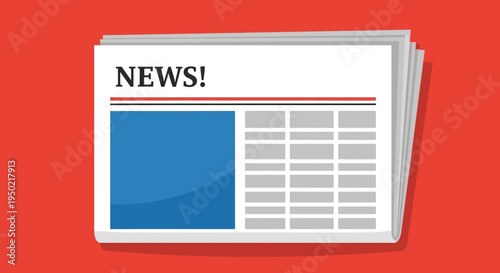 Illustration of a folded newspaper with a blue and grey grid on a red background