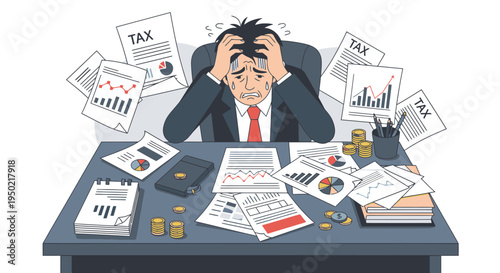 Flat illustration of stressed worker at tax filing desk with scattered papers and coins