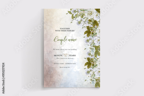 WEDDING INVITATION FRAME WITH FLOWER DECORATIONS AND FRESH LEAVES