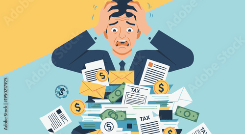 Flat illustration of tax day panic icon with person holding head and documents vector
