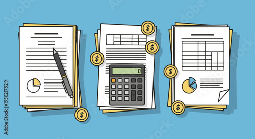 Flat illustration of tax day finance desk icon with papers and coins in three colors