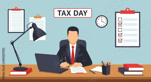 Flat illustration of tax day corporate workspace with accountant desk and checklist