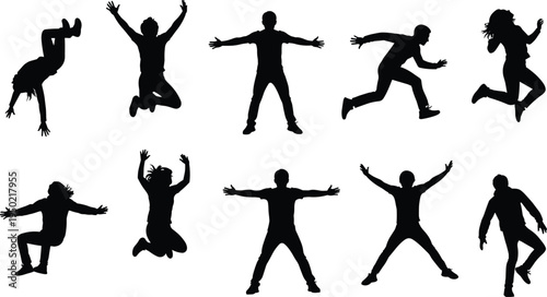 People jumping silhouette collection with happy people jumping cheering running and parkour poses cad drawing flat vector illustration for design