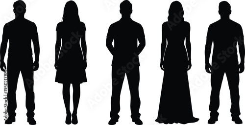 People standing silhouettes set featuring men and women in casual and formal attire for community, business, lifestyle, and social gathering graphics.