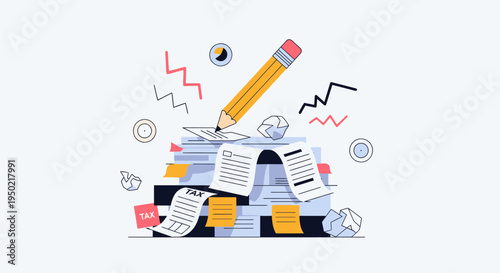 Flat Illustration Tax Filing Stress Concept with Papers and Pencil