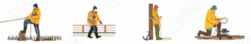 Collection of flat illustrations featuring fishermen in yellow waterproof gear working with ropes on a dock or deck.