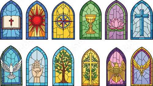 Stained glass window icons set featuring religious symbols like cross, dove, bible, and chalice for church, spiritual, and cathedral graphic design.