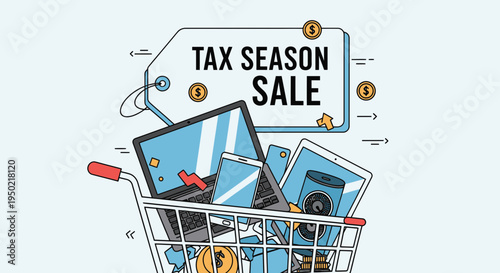 Flat Illustration of Tax Season Sale Concept with Shopping Cart and Electronics Promotion