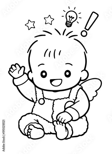 Cute baby with idea light bulb, raising hand, angel child illustration, inspiration and discovery concept, monochrome