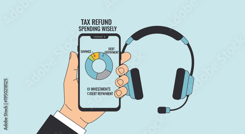 Flat Illustration Tax Refund Spending Wisely Concept Smartphone and Headphones