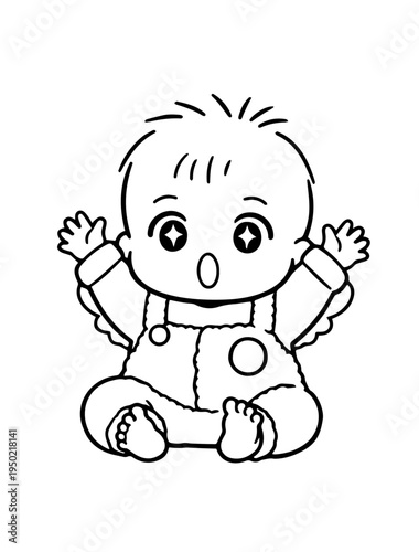 Cute surprised baby with sparkling eyes, angel child illustration, excitement and admiration concept, monochrome
