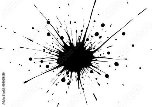 Dynamic Splash of Black Ink on a White Background, Abstract Art Explosion Effect