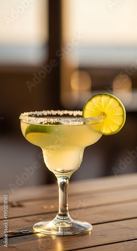 Refreshing Margarita Cocktail with Lime Garnish on Wooden Table.