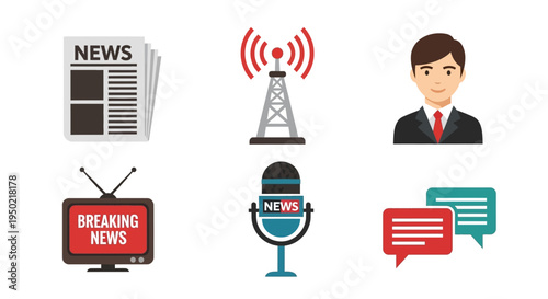 Flat lay of news and media icons including newspaper, radio tower, businessman, TV, microphone, and chat bubbles on a white background.