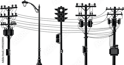 Utility pole silhouette collection with electric power lines transformer street lamp and traffic light cad drawing flat vector illustration for design