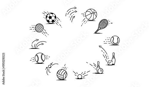 Hand drawn sports ball motion trajectory icons with bouncing path lines soccer basketball tennis baseball doodle vector set isolated on white background