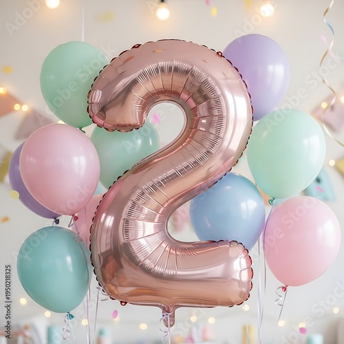 Large rose gold foil numeral balloon number two centerpiece surrounded by pastel colored latex spheres