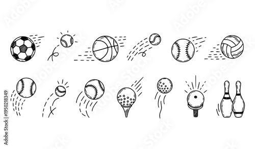Doodle sport ball trajectory bounce set with hand drawn soccer basketball tennis baseball motion path icons isolated on white background vector illustration