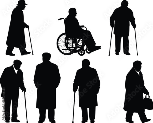 Senior citizen silhouette collection with elderly people walking with canes and wheelchair cad drawing flat vector illustration for stock design