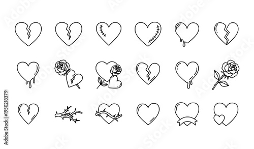 Heartbreak and rose outline icon set with hand drawn broken love hearts and floral tattoo style sketches isolated on white background vector illustration