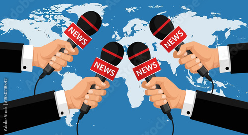 Multiple hands holding microphones with 'NEWS' labels against a world map background
