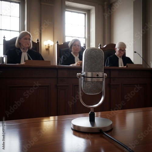 Courtroom Scene - Judges, Microphone, and Legal Proceedings.