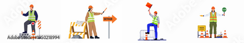 Set of flat vector illustrations of road construction workers and traffic controllers managing safety with signs, flags, and barriers for infrastructure repairs.