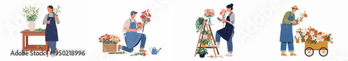 Set of diverse florists and gardeners arranging, pruning, and cultivating lilies and potted plants in various professional floral settings.