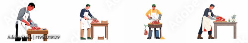 Set of male butchers in aprons processing fresh red meat using professional tools on wooden blocks, isolated on a white background.