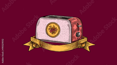 Vintage-style toaster illustration on a maroon background with ribbon, floral embellishment