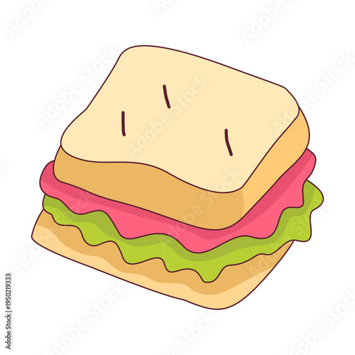 Sandwich Delight: An inviting illustration of a classic sandwich, layered with fresh lettuce and succulent ham between soft bread, a simple pleasure.
