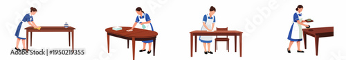Set of illustrations showing professional housekeepers in uniforms cleaning various wooden tables, ideal for cleaning service concepts.
