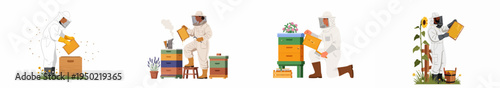Set of diverse beekeepers in protective suits working with honeycombs, beehives, and harvesting fresh honey in various outdoor settings.