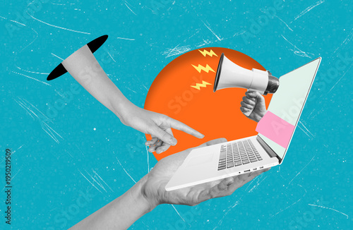 Art collage showing hands, a laptop, and a megaphone with a colorful background during a creative activity