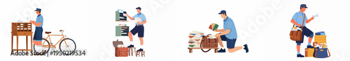 A collection of flat illustrations showing male postmen in blue uniforms performing various mail sorting and delivery tasks on a white background.
