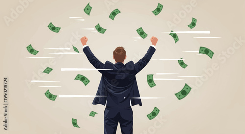 Illustration of a businessman celebrating with arms raised as money bills swirl around him on a beige background.