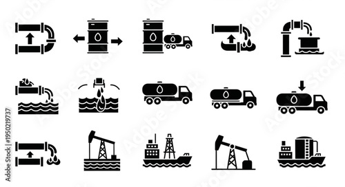 Oil and Gas Industry Icons - Transportation, Extraction, and Processing.