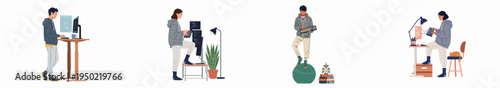 Flat vector illustration of diverse programmers and developers working from home in casual attire with various ergonomic setups and creative home office environments.