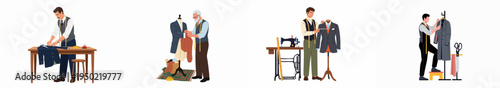 Set of professional male tailors working on bespoke suits and coats in a traditional atelier, featuring sewing machines, mannequins, and tailoring tools.