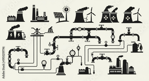 Diverse Energy Infrastructure - Power Plants, Solar Panels, Wind Turbines, and Piping Systems.