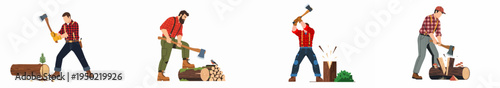 Collection of flat vector illustrations featuring strong lumberjacks in plaid shirts and suspenders chopping logs with axes on a white background.